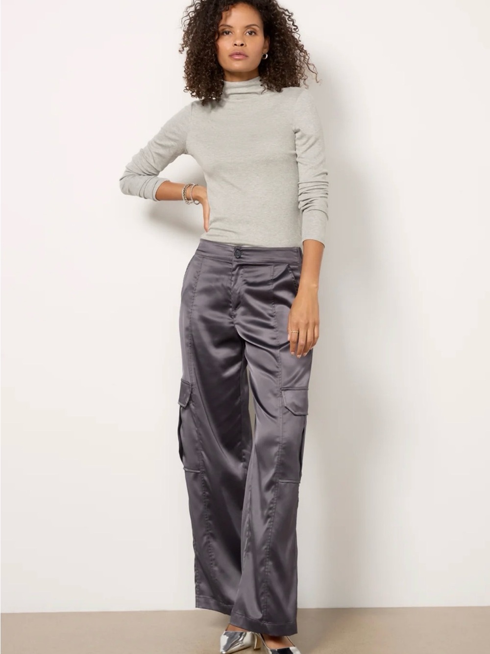 Sanctuary Satin Cargo Wide-Leg Pants in Charcoal Gray